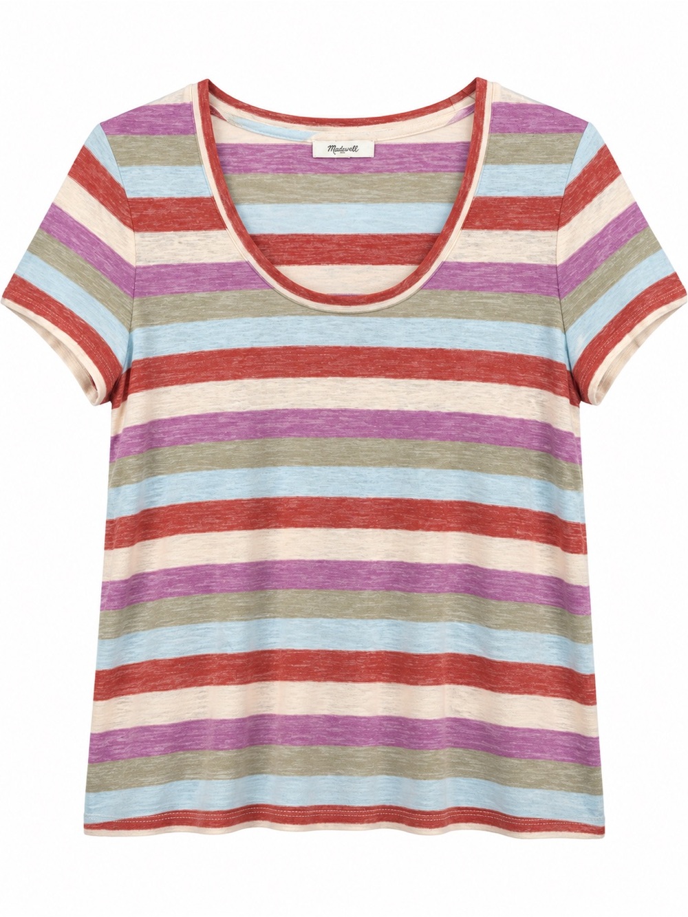 102. Madewell Stripe Tee Size Medium Rust Purple Olive Green Combo Cotton Blend